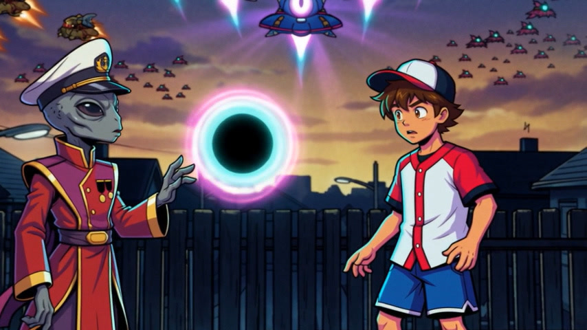 Cutscene frame: the alien captain gestures to a glowing black hole as Matt looks on