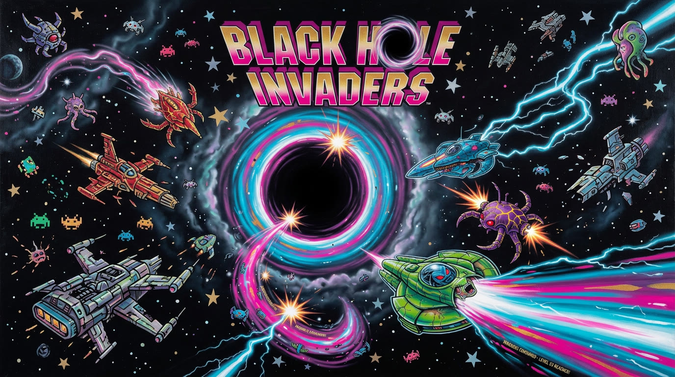 Black Hole Invaders title art: neon logo over a swirling black hole and alien ships