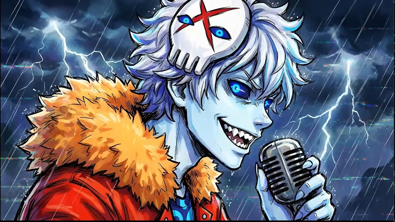 Nuxa-core key art: a white-haired character with a microphone in a storm