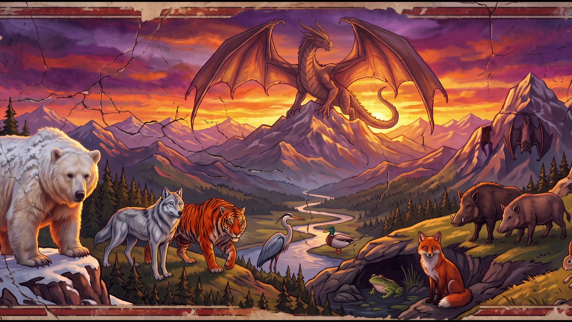 Pantheon of Aspects fresco: a dragon over a sunset valley with bear, wolf, tiger, heron, fox, and boars