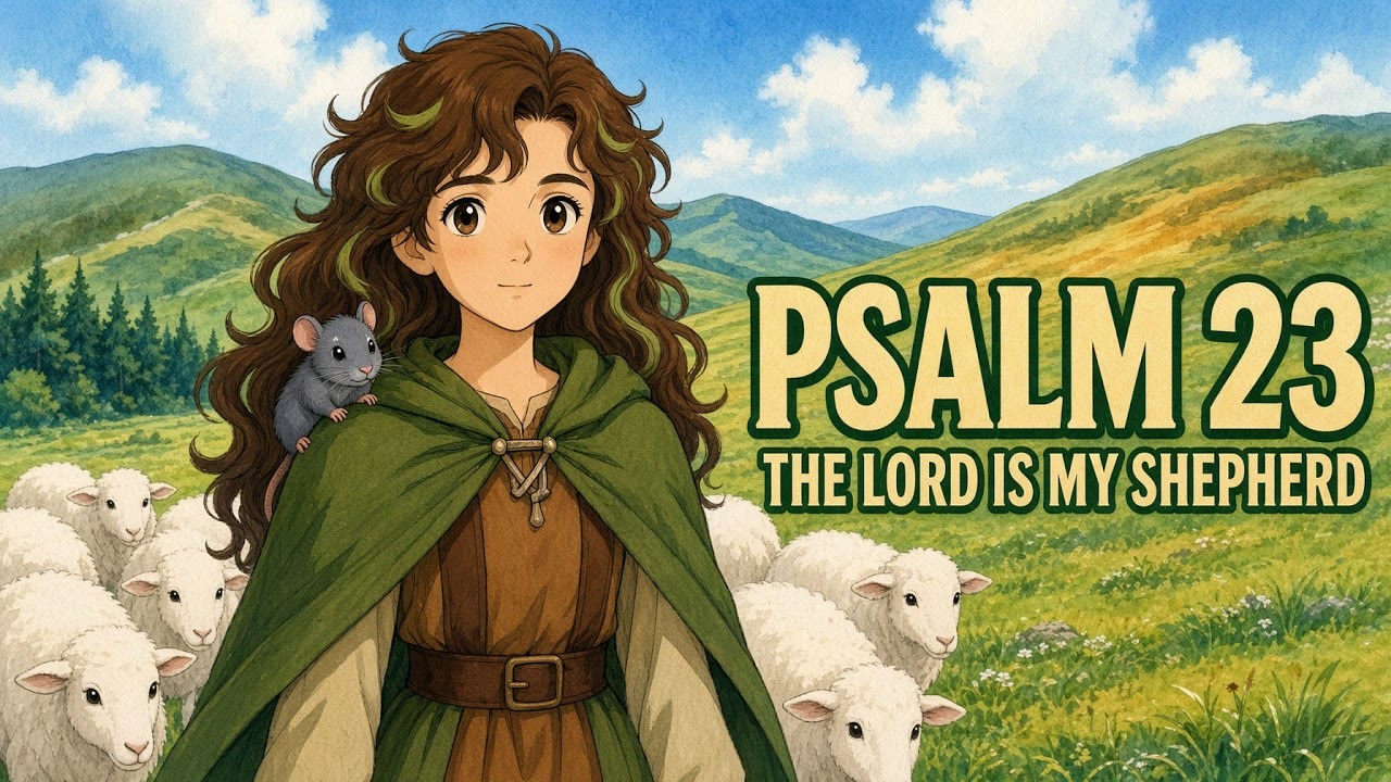 The 23rd Psalm title card: Lily with sheep on green hills